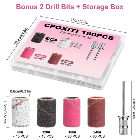 190 Piece Nail Drill Sanding Bands And Drill Bits Kit with 80 120 180 240 Grits in storage box