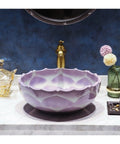 Upgrade Your Bathroom Game With This Prime Ceramic Vessel Sink Above Counter Vanity Top Super Slick Glaze Finish Heavy Duty One Piece Art Wash Basin No Overflow Hole Built Tough For Everyday Use, round glossy lavender ceramic vessel sink.