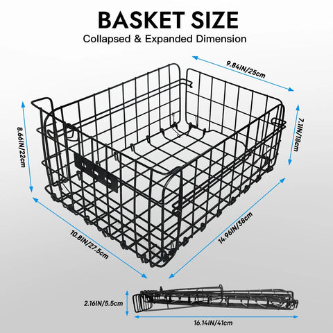 Rear Bike Basket With Removable Insulated Liner Ride Ready Rainproof Cover Cargo Net dimensions and wire design
