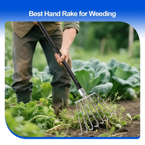 Leaf Rake With Eight Round Tine Design For Quick Lawn Cleanup Metal Garden Rake great for weeding in vegetable garden