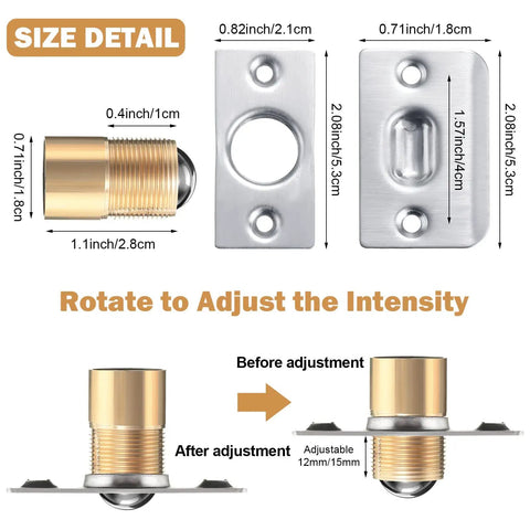 Size detail of 16 Pack Adjustable Closet Door Ball Catch Hardware Set with Stainless Steel Strike Plates, showing dimensions.