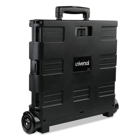 Sturdy black collapsible rolling storage crate with telescoping handle. 1.7 cu ft capacity, folds flat to 3.5 inches, built-in rails, grips on all sides.