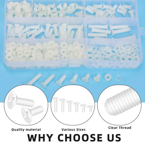 Top Shelf 360 Piece M5 Nylon Phillips Countersunk Head Machine Screws Kit With Hex Nuts And Washers In White assorted screws in storage box.