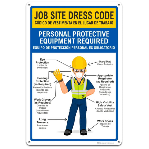 12 By 18 Inch Must Have Bilingual Job Site Dress Code Sign With English And Spanish PPE Warning Durable 0.055 Inch Polyethylene Plastic