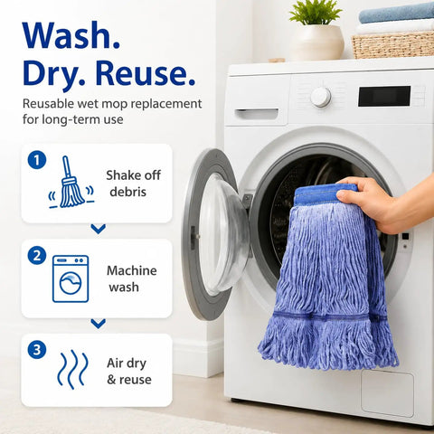 2 Pack Workhorse Mop Head Replacement being placed in washing machine for commercial cleaning, showing cotton rope looped end
