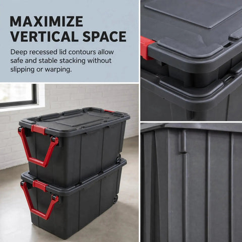Two Pack 160 Quart Black Stackable Rolling Storage Bins with Heavy Duty Red Latches and Smooth Glide Wheels, stacked to maximize vertical space.