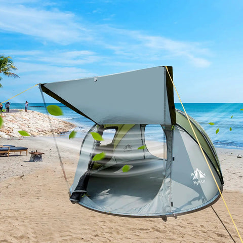 Two Person Pop Up Camping Tent Waterproof Instant Setup Easy Peasy One Touch Open Quick Fold Back on a beach with leaves