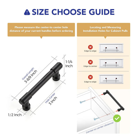 Size guide for 10 Pack Matte Black Kitchen Cabinet Handles With Three Inch Hole Center Solid Zinc Alloy Dresser Drawer Pulls.