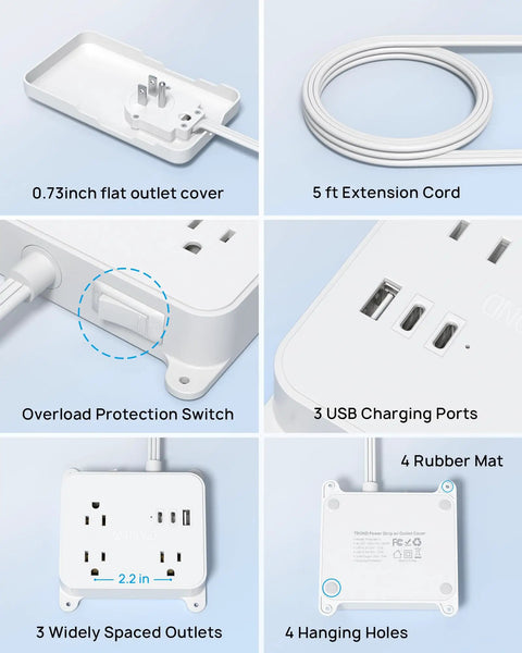 Flat Plug Power Strip With USB Ports And 3 Widely Spaced Outlets, Wall Mountable, 5ft Extension Cord, No Fuss Charging