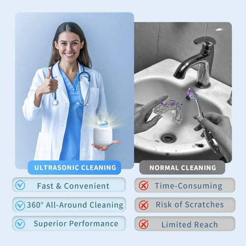 Ultrasonic Retainer Cleaner For Aligners And Mouth Guards, 45KHz Deep Cleaning system vs manual sink cleaning comparison chart