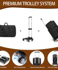 Black rolling garment bag with wheels and shoe compartment, shown with a foldable trolley and upright bag.