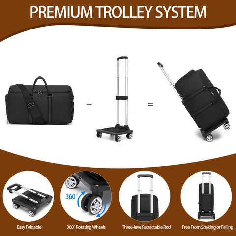 Black rolling garment bag with wheels and shoe compartment, shown with a foldable trolley and upright bag.
