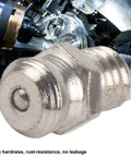 Grease Zerk Kit 10 Pieces Metal Grease Fittings close-up of M6 steel grease nipple on industrial machine background.