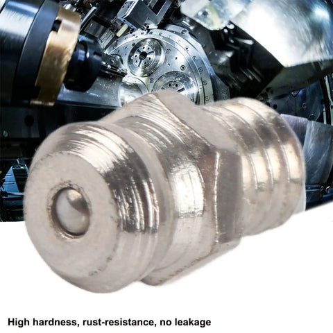 Grease Zerk Kit 10 Pieces Metal Grease Fittings close-up of M6 steel grease nipple on industrial machine background.