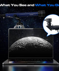 Nova200 Telescope Camera 1080P USB Astronomy Cam setup showing Moon image on laptop, telescope and eyepiece in background.