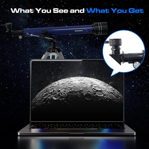 Nova200 Telescope Camera 1080P USB Astronomy Cam setup showing Moon image on laptop, telescope and eyepiece in background.