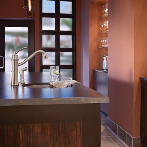 Modern kitchen with Wetherly High Arc Kitchen Faucet With Side Spray In Spot Resist Stainless, sleek countertop view, one-handle lever
