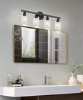 Modern bathroom with outdoor wall light fixtures with clear glass shade for bath and mirror use, weatherproof and bright