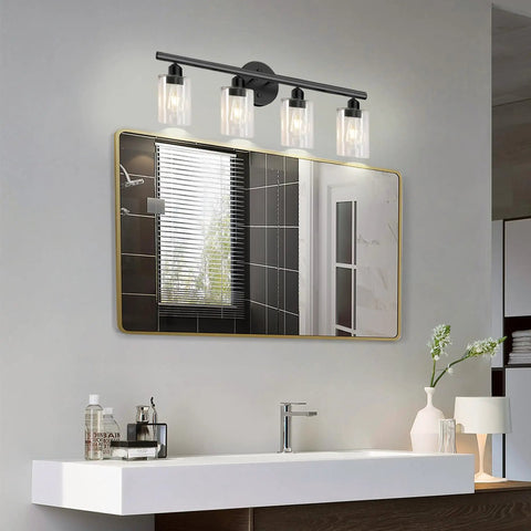 Modern bathroom with outdoor wall light fixtures with clear glass shade for bath and mirror use, weatherproof and bright