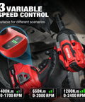 Close-up of Badass 20 Volt Brushless Impact Gun Snaps Rusty Nuts Off With Nine Hundred Ft Lbs Of Beast Mode Torque, showing variable speed control.
