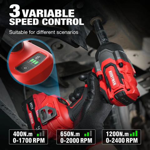 Close-up of Badass 20 Volt Brushless Impact Gun Snaps Rusty Nuts Off With Nine Hundred Ft Lbs Of Beast Mode Torque, showing variable speed control.