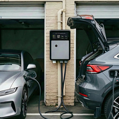 Dual vehicle setup with Level 2 EV Charger With J1772 Connector, 32A/7kW, 4.3-Inch Display charging two cars simultaneously