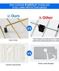 Comparison of Rock Solid Gold 304 Stainless Steel Sink Grid Protector Covers 28 by 14 Inch Single Bowl with Rear Drain versus inferior plastic grid.