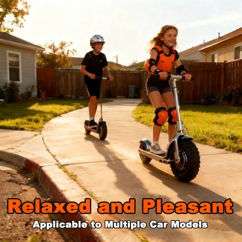 Children riding electric scooters in a suburban area, showcasing 11 Inch 3500W Brushless Tubeless Rear Hub Motor For Electric Scooters And E Bikes Quiet Operation 48 72V Conversion Kit For Mountain Scooters And Electric Bike Builds.