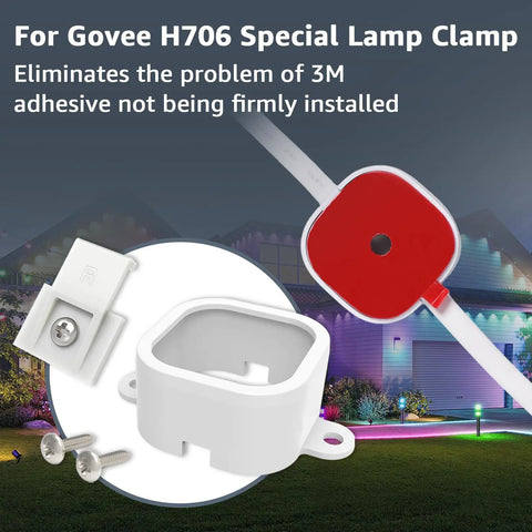 Mounting Brackets Kit For Govee Outdoor Lights Pro includes clips, screws, and clamp against a lit house background