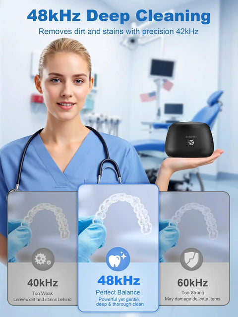 Upgrade Your Daily Oral Hygiene With This Hella Slick 48 Khz Ultrasonic Retainer Cleaner Machine cleaning aligners in a dental office.