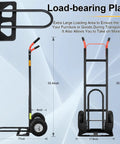 Heavy Duty 2 In 1 Hand Truck With 9 Inch Pneumatic Tires And 800 Pound Capacity Carbon Steel Moving Dolly dimensions and load-bearing plate.
