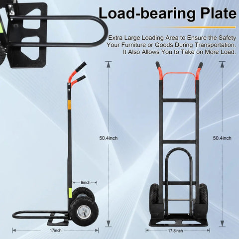 Heavy Duty 2 In 1 Hand Truck With 9 Inch Pneumatic Tires And 800 Pound Capacity Carbon Steel Moving Dolly dimensions and load-bearing plate.