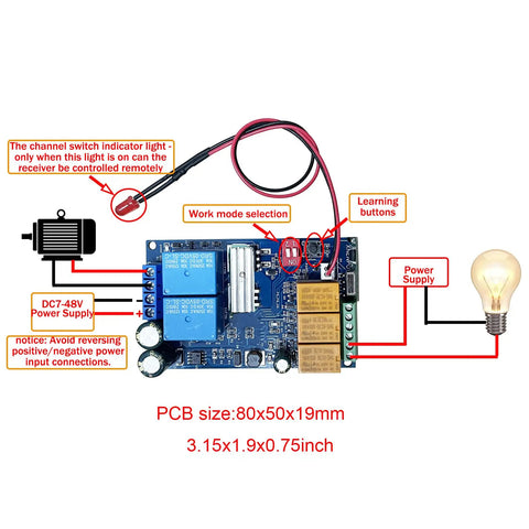 Remote PWM DC Motor Speed Controller with forward and reverse, PCB 80x50x19mm, for train models 9V-48V, 7A, includes relays.