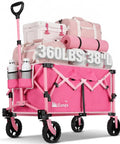 Pink 38 Inch Long Foldable Wagon Hauler With 360 Lb Load Capacity For Grocery Runs Camping And Beach Trips 220L Folding Utility Garden Cart With Detachable Wheels Lightweight 17 Lb, fully loaded with camping gear and cooler, shown from front angle with extended handle and removable wheels.