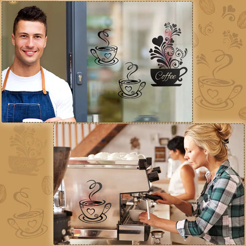 Four Piece Coffee Kitchen Wall Decal Set Removable Vinyl Wall Art Black Coffee Cup Designs for Home Cafe Shop in use