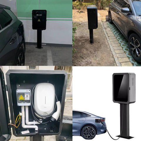 Rugged EV Charger Lock Box Featuring Beefy Vertical Stand And Full Weatherproof Cover For Outdoor Electric Vehicle Stations with steel housing.