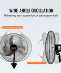 Two Pack 20 Inch Wall Mount Fans With Oscillation, side view showing 90° oscillation and 30° tilt features for efficient airflow
