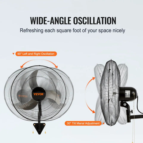 Two Pack 20 Inch Wall Mount Fans With Oscillation, side view showing 90° oscillation and 30° tilt features for efficient airflow