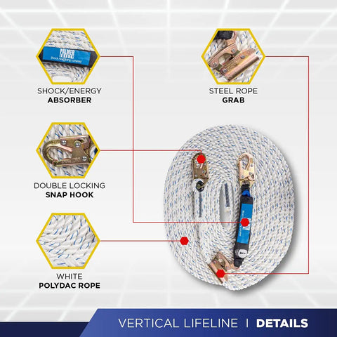 Tough As Nails 50Ft Vertical Lifeline Assembly With Auto Lock Rope Grab And Heavy Duty Safety Lanyard features steel grab, snap hook, and polydac rope.