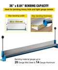 36 Inch Portable Sheet Metal Bending Brake With Heavy Duty Steel Body and Dual Handles for No Sweat Folding showing bending capacity and gauge specs.