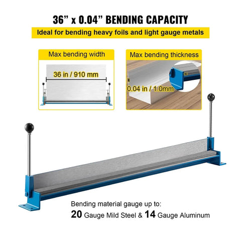 36 Inch Portable Sheet Metal Bending Brake With Heavy Duty Steel Body and Dual Handles for No Sweat Folding showing bending capacity and gauge specs.