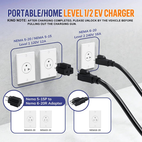 Portable Tesla Ev Charger Built For Home Level 1 And 2 Quick Charging 16 Amp 25 Foot Cable ETL Certified with NEMA adapters.