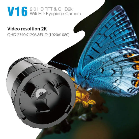 Detailed view of 2K WiFi Telescope Camera Eyepiece with butterfly, featuring 2 inch screen for monoculars, binoculars, telescope.