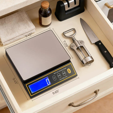 66 Lb Digital Kitchen Scale with Percentage Weighing, 30 Kg Capacity, knife and corkscrew in kitchen drawer