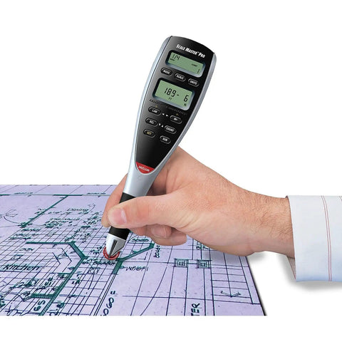 7.3 Inch Digital Plan Measure With 72 Built In Scales And Six Custom Scales For Pros in use on printed architectural plans