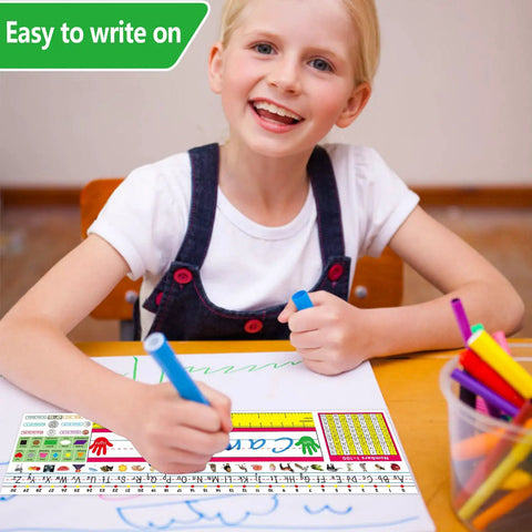Child writing on Self Adhesive Primary Kid Friendly Desk Nameplates Pack Of 36 Featuring Manuscript Alphabet, 13.8 X 4 Inch plates