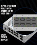 Close-up of Workhorse 8 Port PoE Plus Unmanaged Gigabit Ethernet Switch with 240W budget and 2 SFP ports showing Ethernet ports.