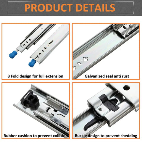 Workhorse Grade Full Extension Drawer Slides Secured With A Dead Easy Lock And Smooth As Silk Glide Heavy Duty Three Piece Rail Kit, detail view showing components.