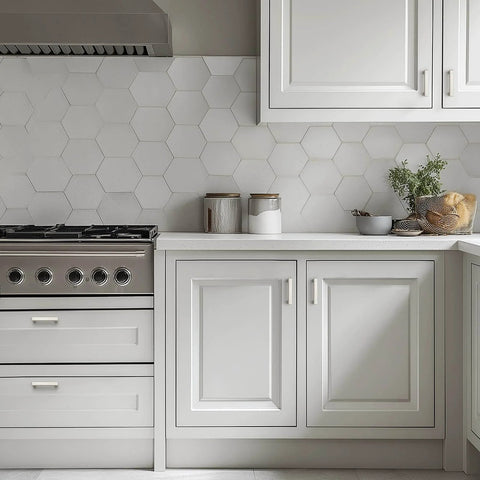White kitchen cabinets with hexagonal tile backsplash and brushed nickel cabinet handles.