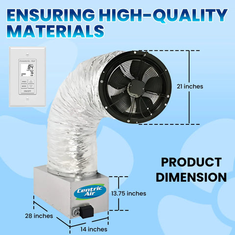 Top Tier Whole House Fan With Ultra Quiet Motor And R13 Damper dimensions graphic showing 21" fan, 28" base length.
